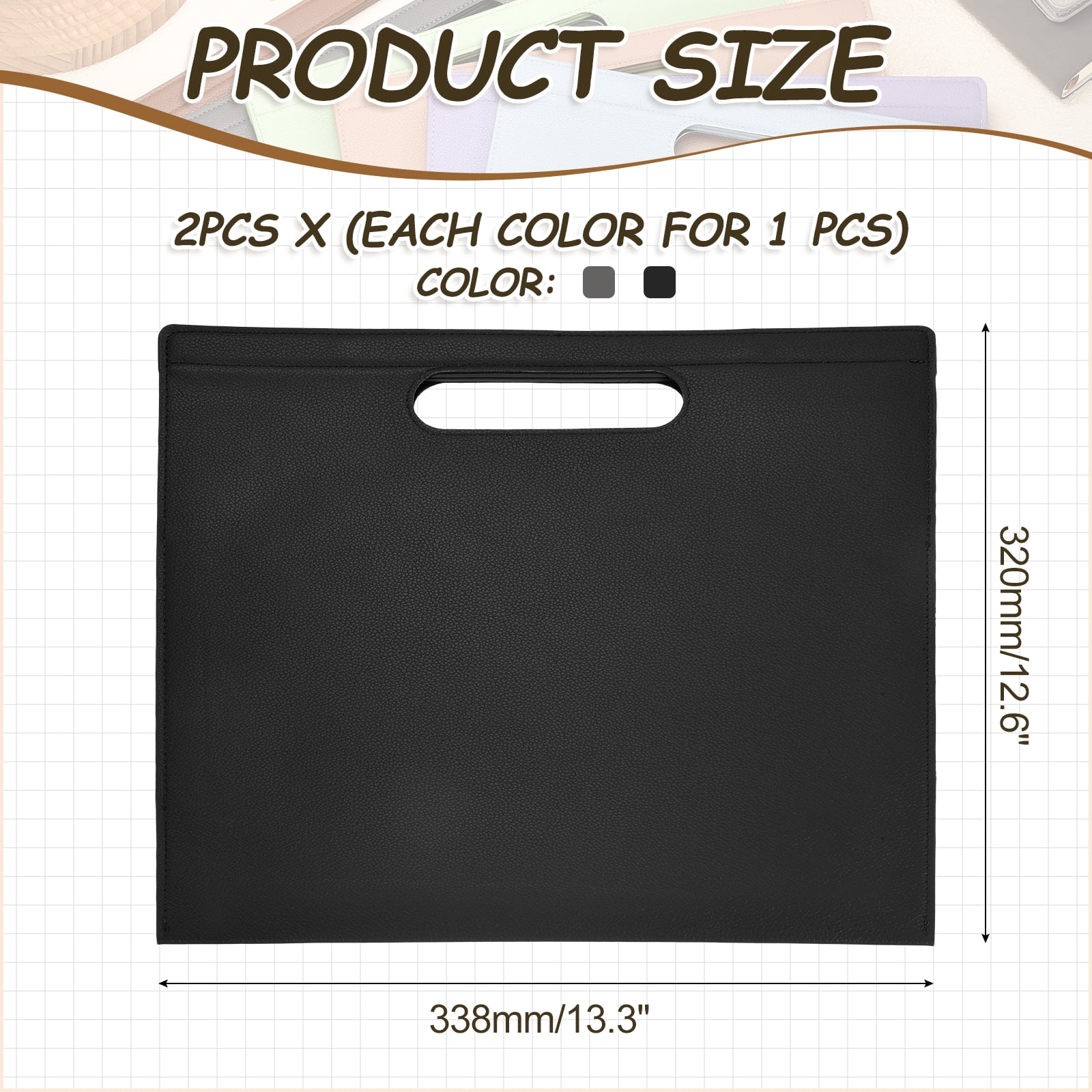 Uxcell 2Pcs PU Leather A4 File Folder, 13.3x12.6" Waterproof Document Organizer Textured Portfolio Folder Case Portable Briefcase Carrier with Magnetic Closure for Office, Grey, Black