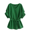 thumbnail image 2 of Linen Shirts for Women, V-Neck Cotton Linen Short Sleeve Bat Sleeve Top, Green XXL, 2 of 7