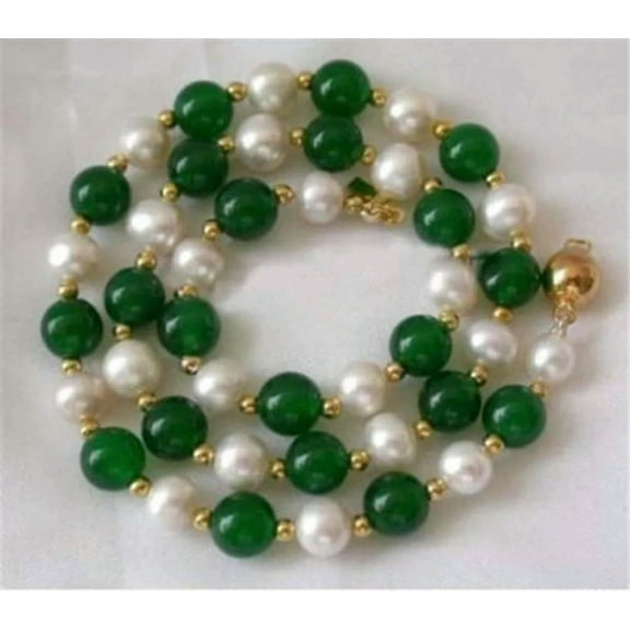 K-KED Natural 7-8MM White Pearl & Green Jade Round Gems Beads Necklace 18"
