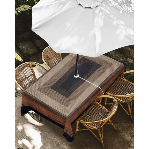 Outdoor Tablecloth with Umbrella Hole, Abstract Geometric Square Zippered Table Cloth for Rectangle Tables, Black Brown Wood Grain Texture Washable Waterproof Tablecloths for Picnic Patio Garden