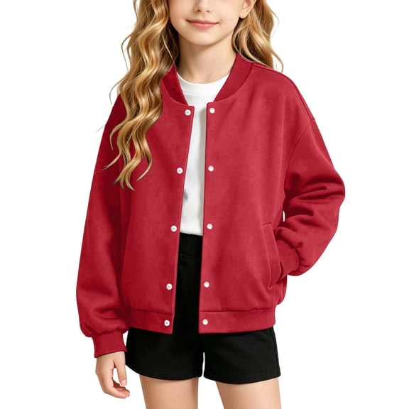 VIPOIN Kids Varsity Jacket, Snap Button Long Sleeve Bomber Coat with Ribbed Collar, Casual Outerwear