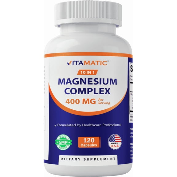 Vitamatic Magnesium Complex, 400mg Elemental MG (as Bisglycinate, Citrate, Taurate, Malate, Aspartate, Oxide, Gluconate, Lysinate Glycinate, Orotate, Succinate) – 120 Capsules