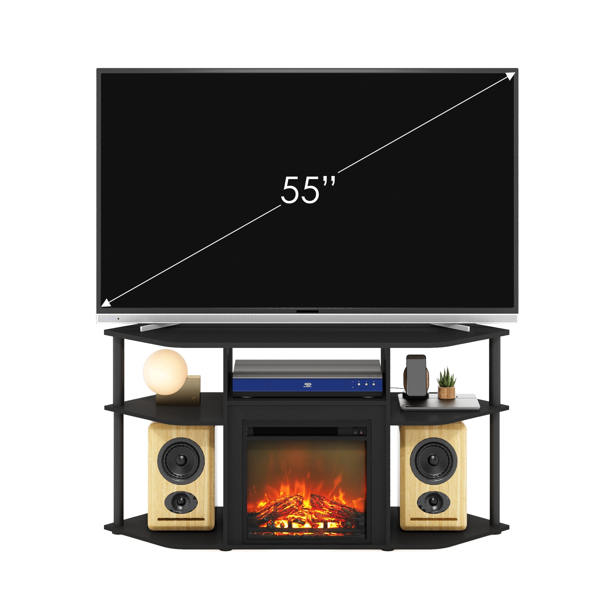 Furinno Jensen Open Storage Corner Fireplace TV Entertainment Center with Plastic Poles for TV up to 55 Inch, Americano/Black