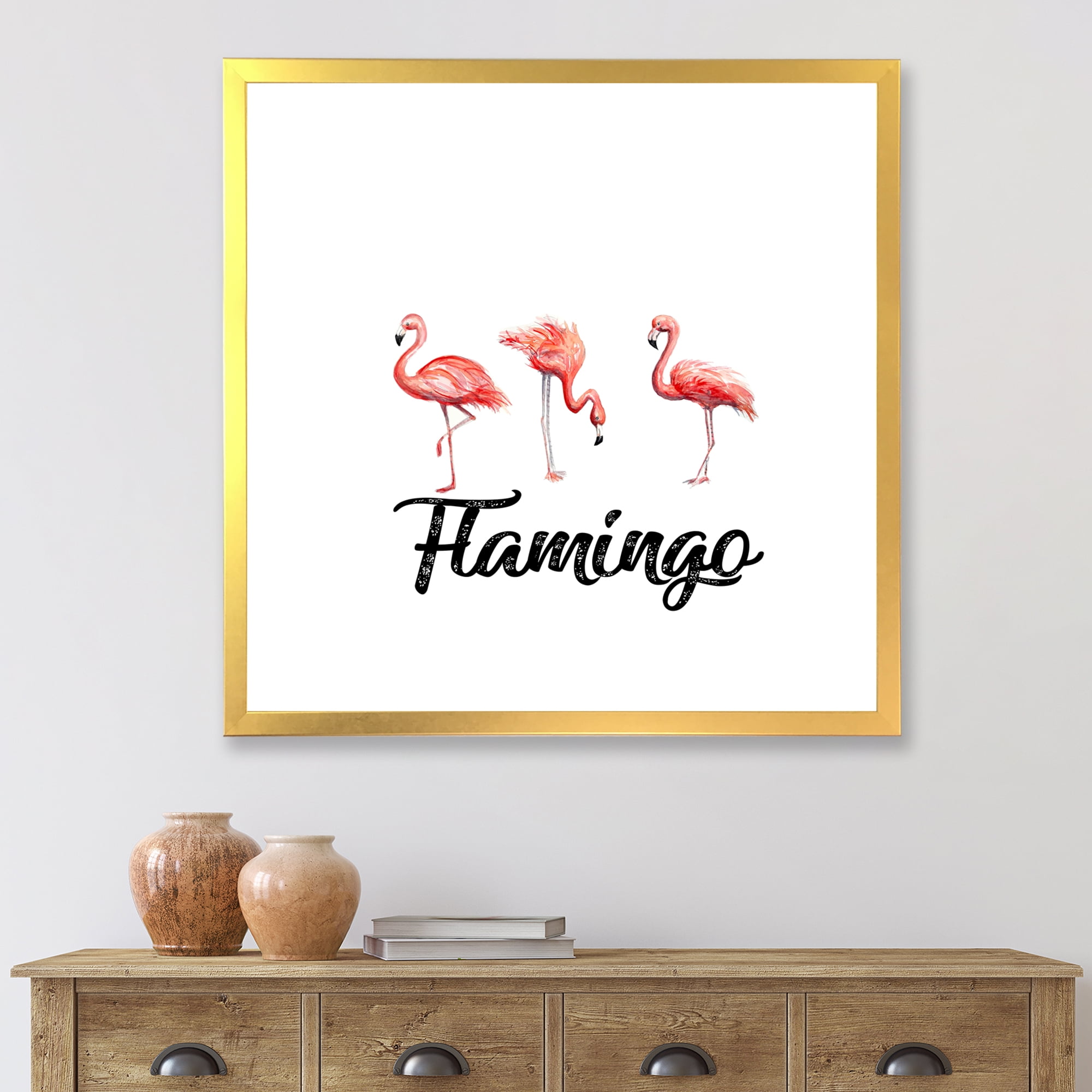 Designart 'Three Flamingos On White' Farmhouse Framed Art Print