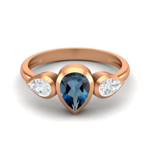 1.25 Cts Bezel set Pear London Blue Topaz 925 Sterling Silver Rose Vermeil Three Stone Women Valentines Day Gifts Ring