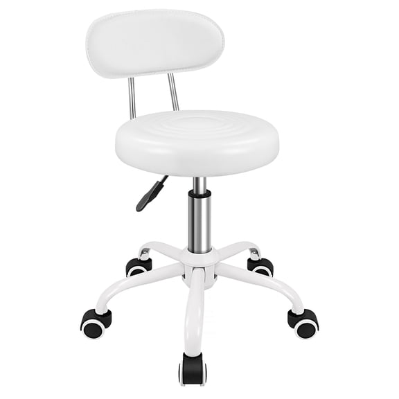 Rolling Stool with Wheels Swivel Stool with Back Height Adjustable Chair PU Leather Ideal for SPA Salon Home Office Drafting Work (WHITE)