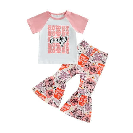 

1-6Y Casual Kids GIrl Clothing HOWDY Letter Print Patch Short Sleeve T-shirt+Cowboy Print Flare Pants Summer Outfits 2pcs