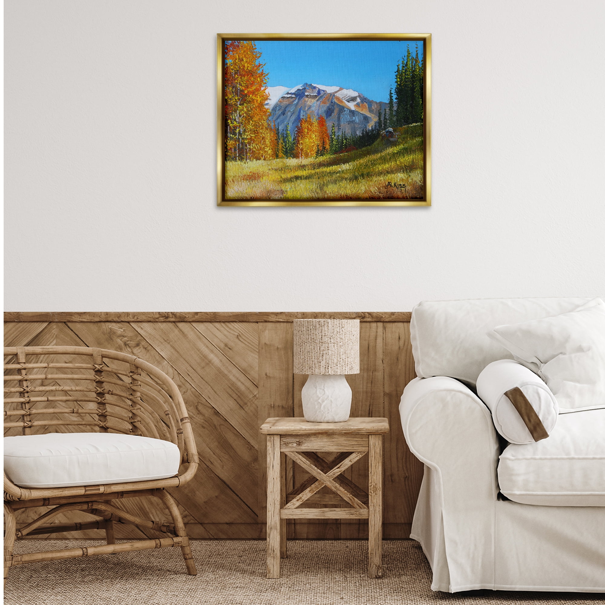 Stupell Industries Autumnal Mountain Valley Landscape & Nature Painting Gold Floater Framed Canvas Art Print Wall Art, 31 x 25