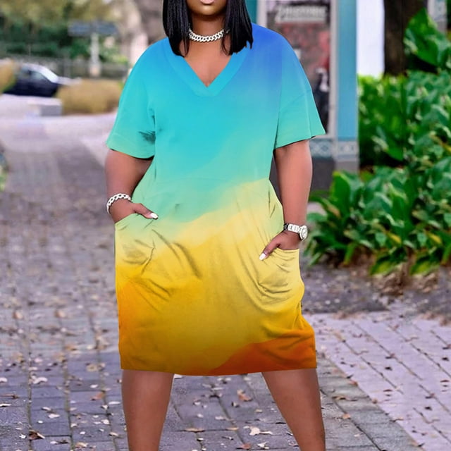 Robes pour Filles Grande Taille Robe pour Femmes Col en V Robes d'Été Décontractées avec Poches Manches Courtes en Liquidation
