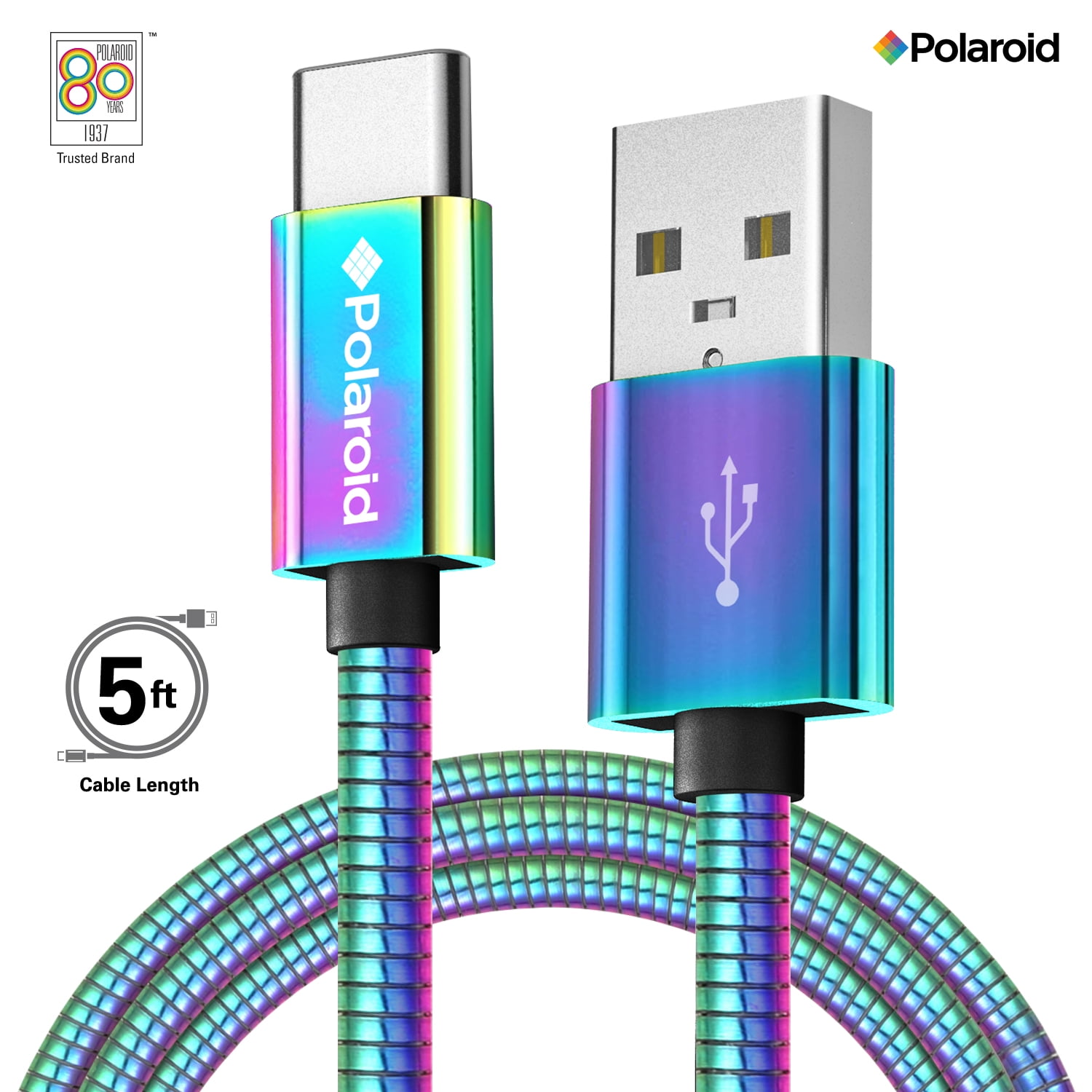 Polaroid USB TypeC Cable 5Ft USB C Spiral Metal Cable with Aluminum Housing for Android