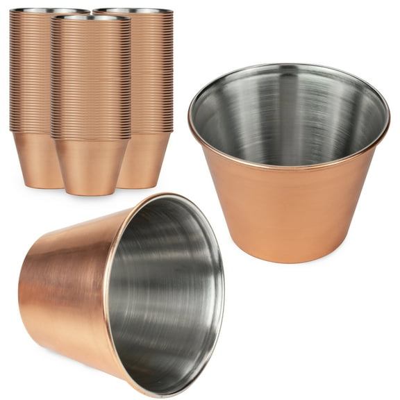 [120 Pack] 2.5 oz Stainless Steel Sauce Cups - Copper Plated Individual Round Condiments Ramekins, Commercial Grade Safe / Portion Dipping Sauce Kitchen Set