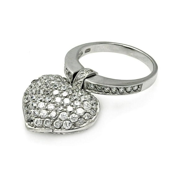 Sterling Silver 925 Rhodium Plated Movable Clear CZ Dangle Heart Ring White Female Size 5