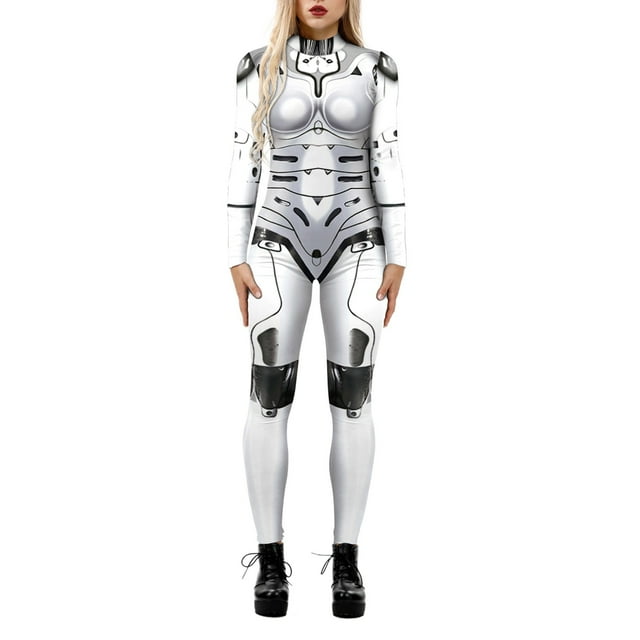 Combinaison Intégrale Imprimée 3D pour Femmes, Squelette Robot, Halloween, avec Fermeture Éclair au Dos, Col Roulé