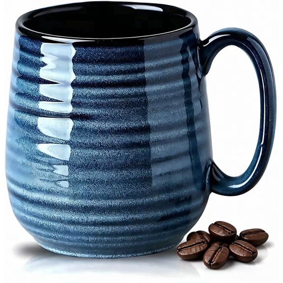 Tikooere 20 oz Ceramic Coffee Mug with Coaster, Large Coffee Cup , Microwave & Dishwasher Safe, Modern Striped Design, Ideal for Latte Tea Soup Home Office, 1 Set, Blue
