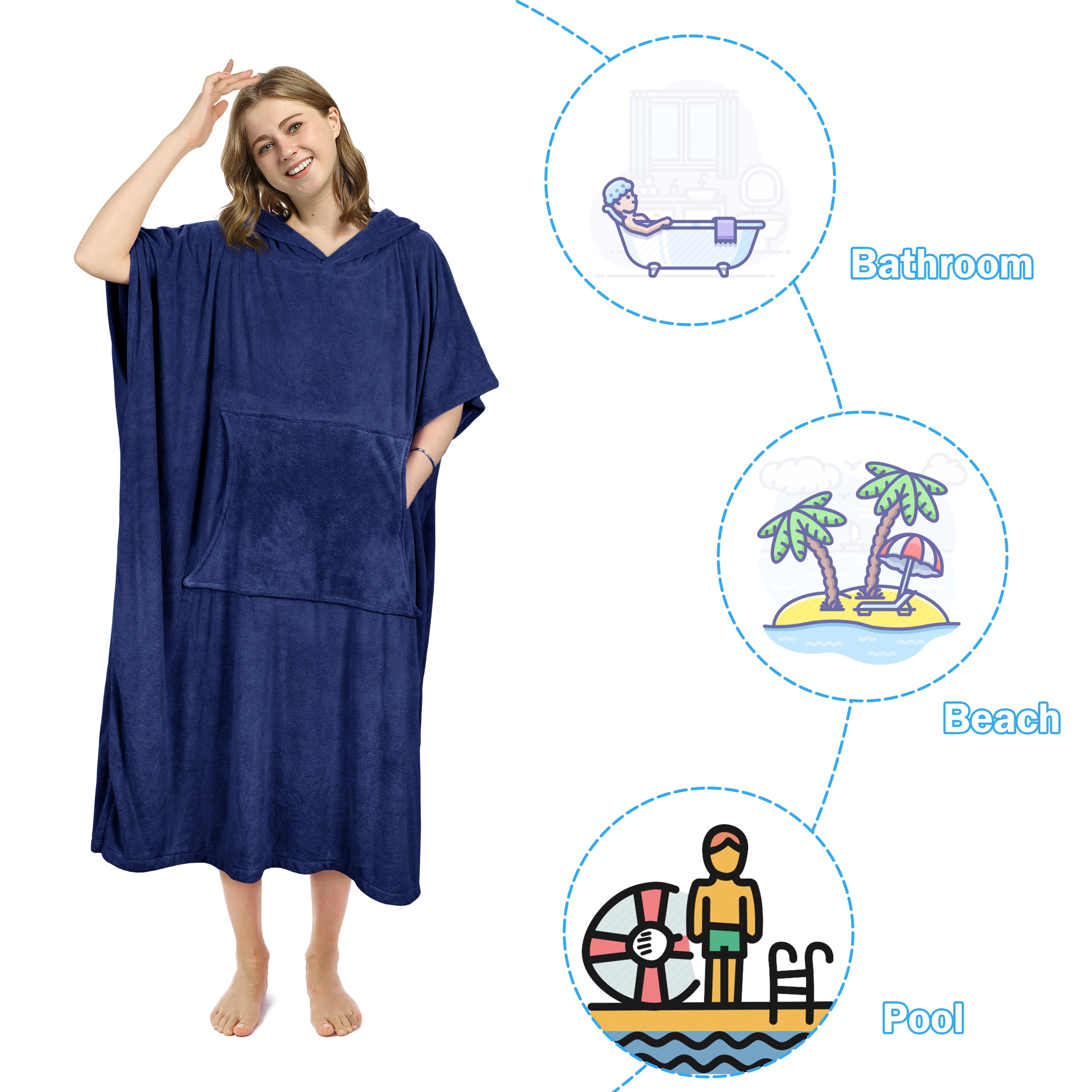 Catalonia Surf Beach Changing Towel With Hood, Absorbent Microfiber Robe Poncho, Men & Women, Navy