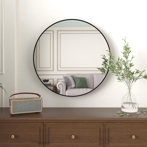 36 Inch Round Bathroom Mirror Black Metal Frame Wall Mounted for Modern Bathrooms