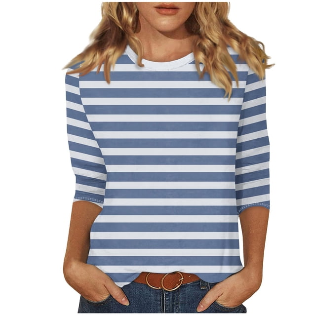 Annhoo Hauts d'Automne pour Femmes 2025 Mode Manches 3/4 Col Ras du Cou Chandails à Enfiler Chemises Décontractées Confort Blouses à Rayures Imprimées