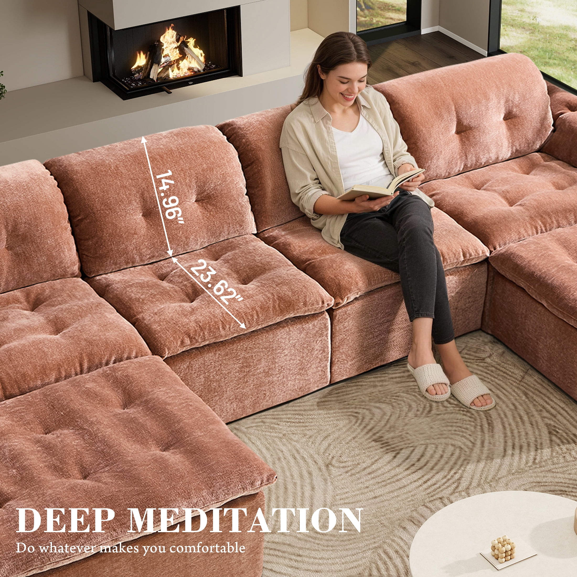 Aukfa 6-Piece U-Shaped Modular Sectional Sofa with 2 Ottomans for Living Room, Ice Flower Chenille, Terracotta