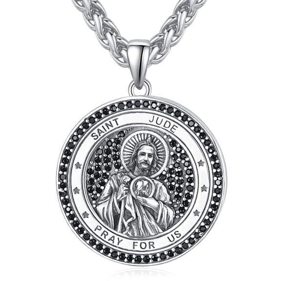 TANGPOET 925 Sterling Silver Saint Jude Medal Necklace for Men Women, Round Engraved  Religious Jewelry Gift