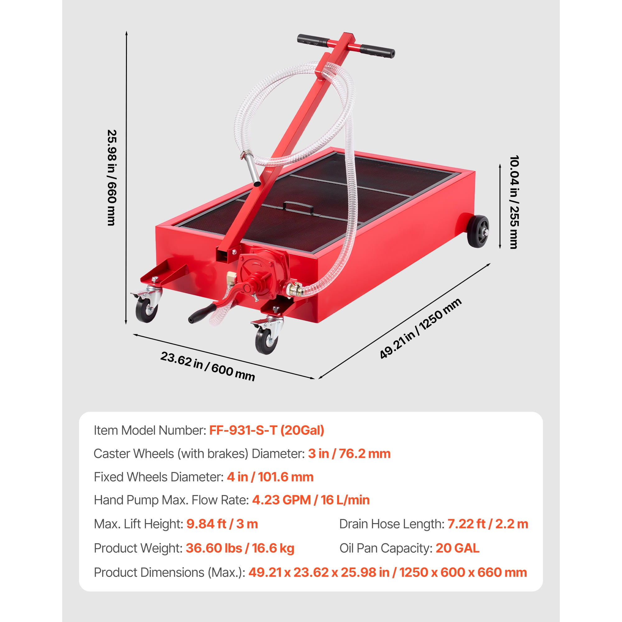 KFFKFF 20-Gallon Low-Profile Oil Drain Pan with Manual Pump, Rolling Design, 7.2 ft Hose, T-Handle, Durable and Corrosion-Resistant, Suitable for Cars, SUVs, Trucks, and ATVs, Red