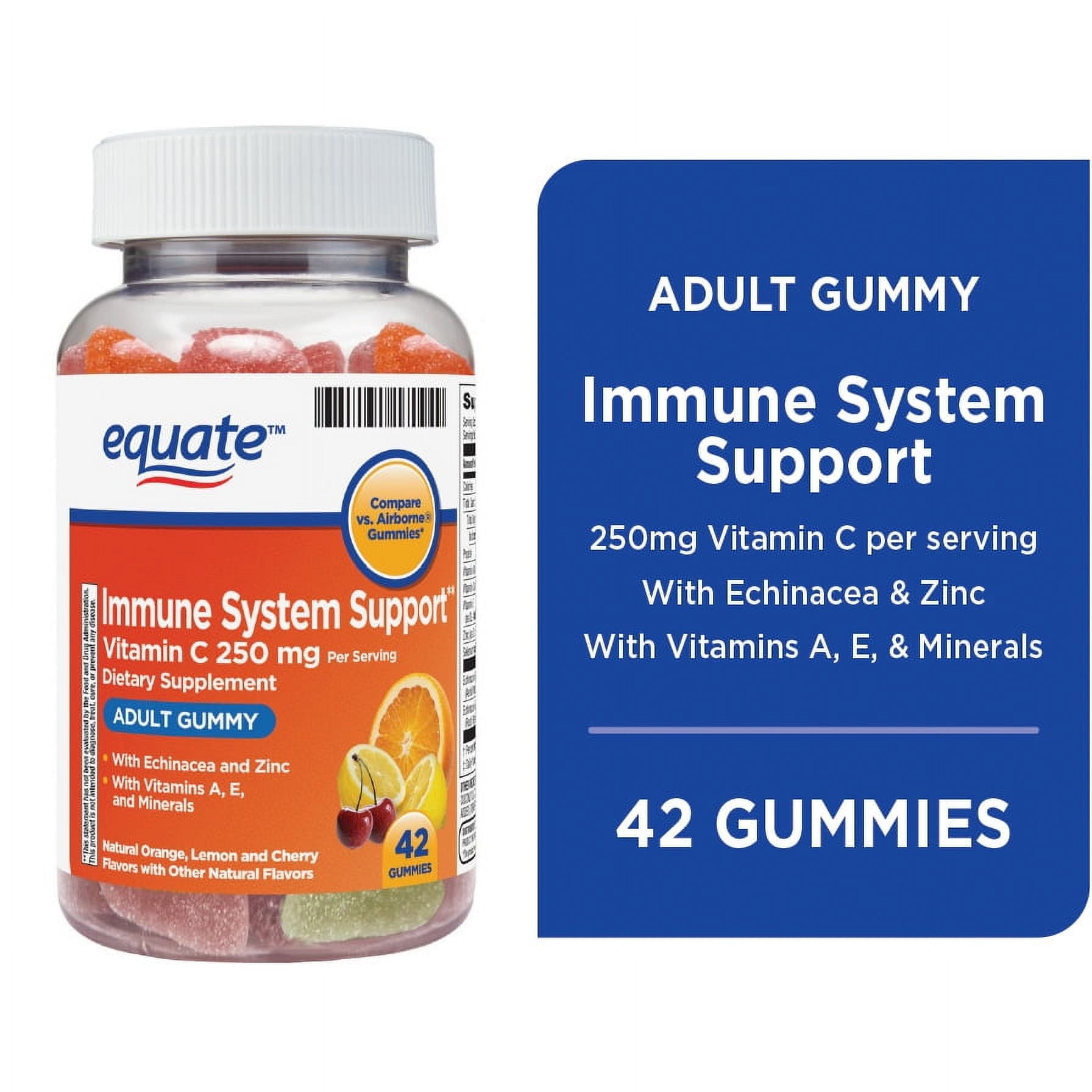 (2 pack) Equate Immune System Support Vitamin C Gummies, 250 mg, Orange Lemon Cherry Flavor, 42 Count, Compare vs Airborne® Gummies