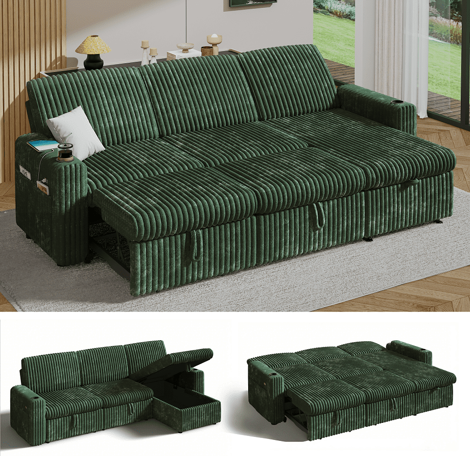 101” Detachable Mattress Sleeper Sofa with Pull-Out Mattress - L-Shaped Design, Adjustable Backrest + Reversible Storage Chaise, USB Ports/Cup Holders, Quick Assembly, Soft Green Corduroy