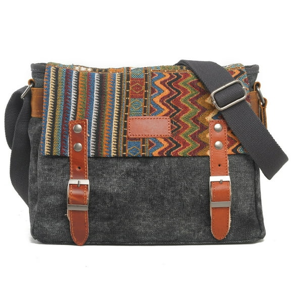 Ismart Vintage Leather Crossbody Bag with Canvas Travel Hiking Shoulder 11.8" Shoulder Bag