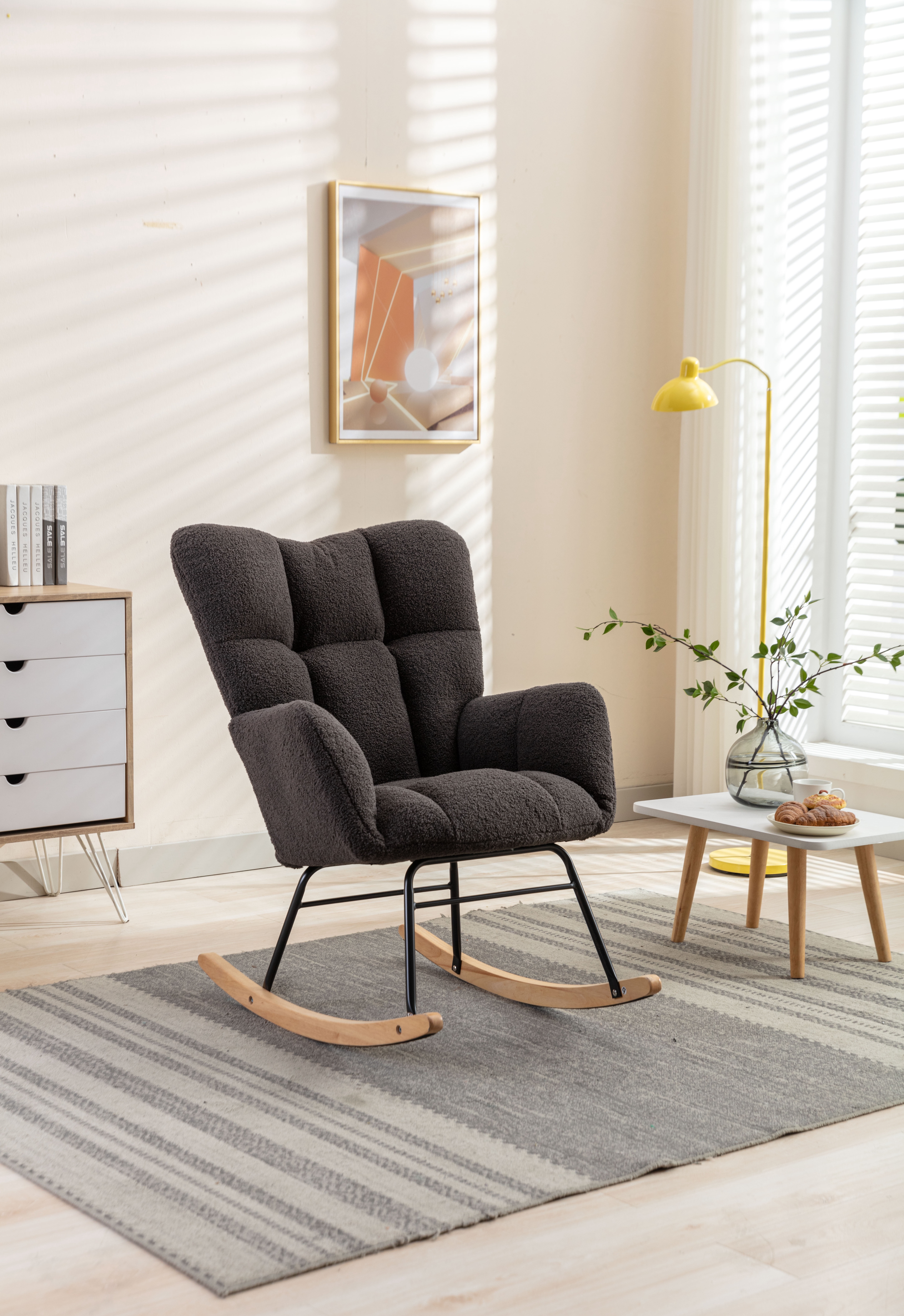 JESTOP Nursery Rocking Chair, Teddy Fabric Upholstered Glider Rocker with High Backrest, Modern Rocking Accent Chairs Comfy Side Chair for Nursery, Bedroom, Living Room