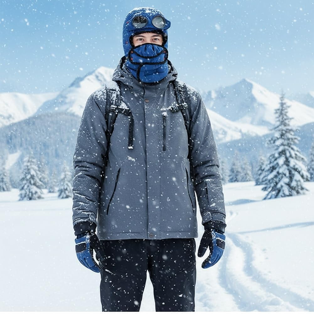 Winter Thermal Hat with Glasses, 4-in-1 Windproof Warm Hat with Detachable Face Mask & Goggles, Fleece Lined Ear Flaps for Skiing, Snowboarding, Motorcycle