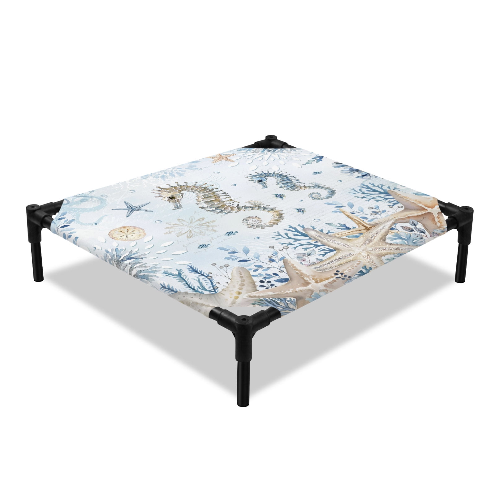 Marine Life Elevated Dog Bed Watercolor Ocean Seahorse Coral Starfish Seashell Coastal Cooling Breathable Outdoor Raised Dog Cot Bed with Metal Frame Non-Slip Feet for Small Dog 20x20in
