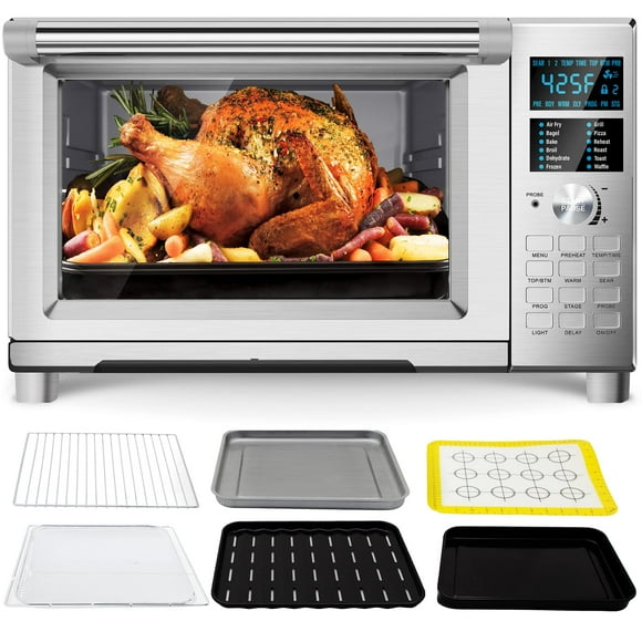 Nuwave Bravo Air Fryer Tostador Horno Combo, 12 en 1 Hornos de Convección Inteligente Encimera 30QT con Sonda de Temperatura Digital Integrada, Bandeja, Cesta, Rejilla para Freír y Recetas