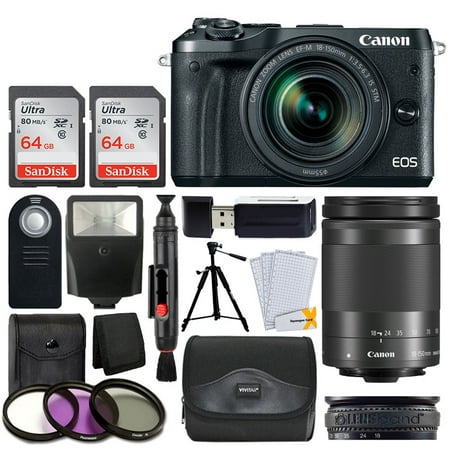 Canon EOS M6 Mirrorless Digital Camera + EF-M 18-150mm f/3.5-6.3 is STM Lens (Graphite) + 2X 64GB Memory Card + Slave Flash + Wireless Remote + Quality Tripod + Case + Accessories – Top Value