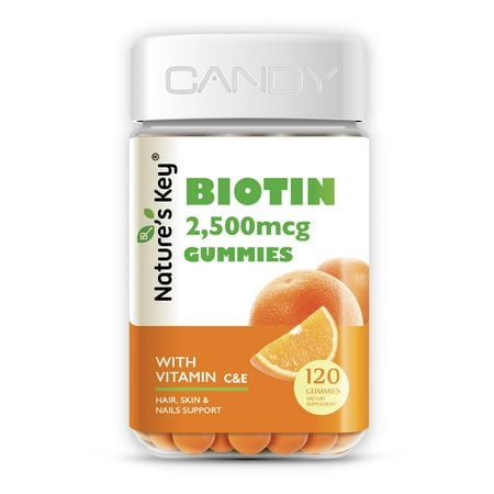 Nature's Key Biotin Gummies Hair Skin and Nails Gummies for Women and Men with Vitamin C and E, Vegan, Orange Flavors, 60 Count