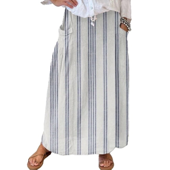 sicmoss Women's Vertical Striped High Waist Maxi Skirt Vintage Floral Cotton Long Skirt with Pockets