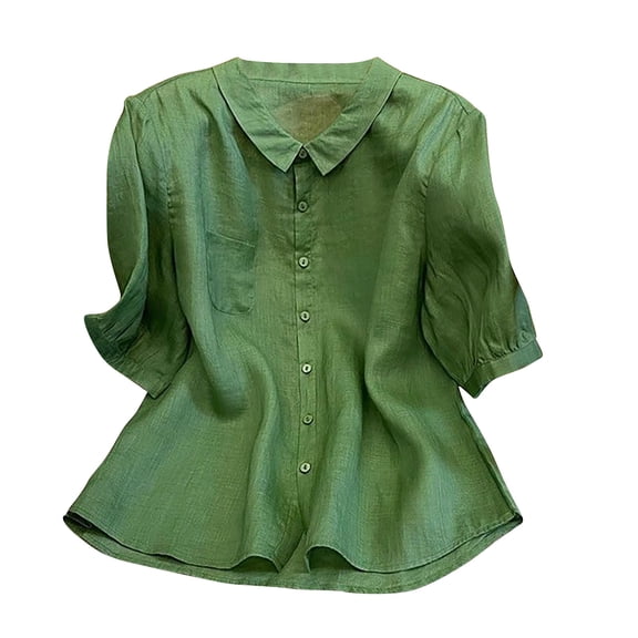 Mittory Cotton Linen Button Down Shirts for Women Mandarin Collar 3/4 Length Sleeve Tops Dressy Casual Loose Fit Plain Blouse