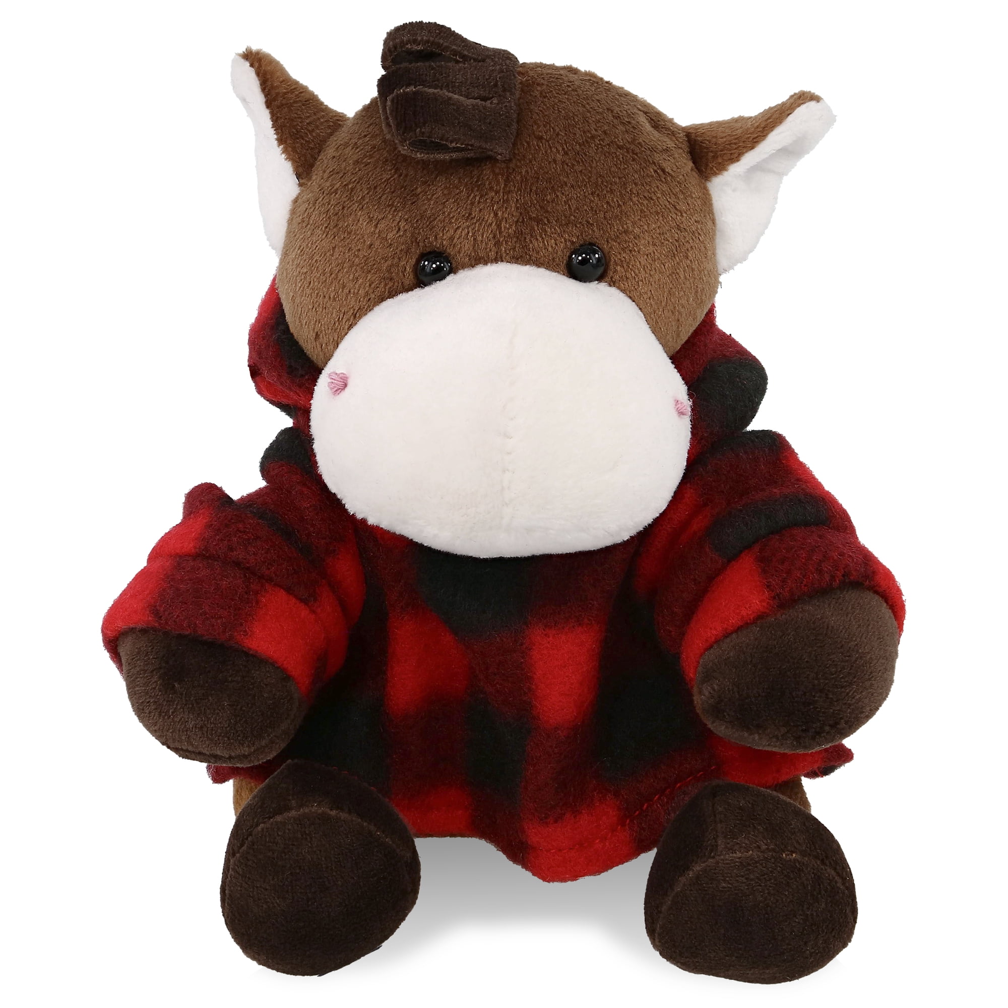 DolliBu Super Soft Horse Stuffed Animal with Plaid Red Hoodie Sweater - Cute Horse Plush Lumberjack Stuffed Toy with Plaid Jacket Dress Up for Christmas, Holiday, Winter - 6 Inches