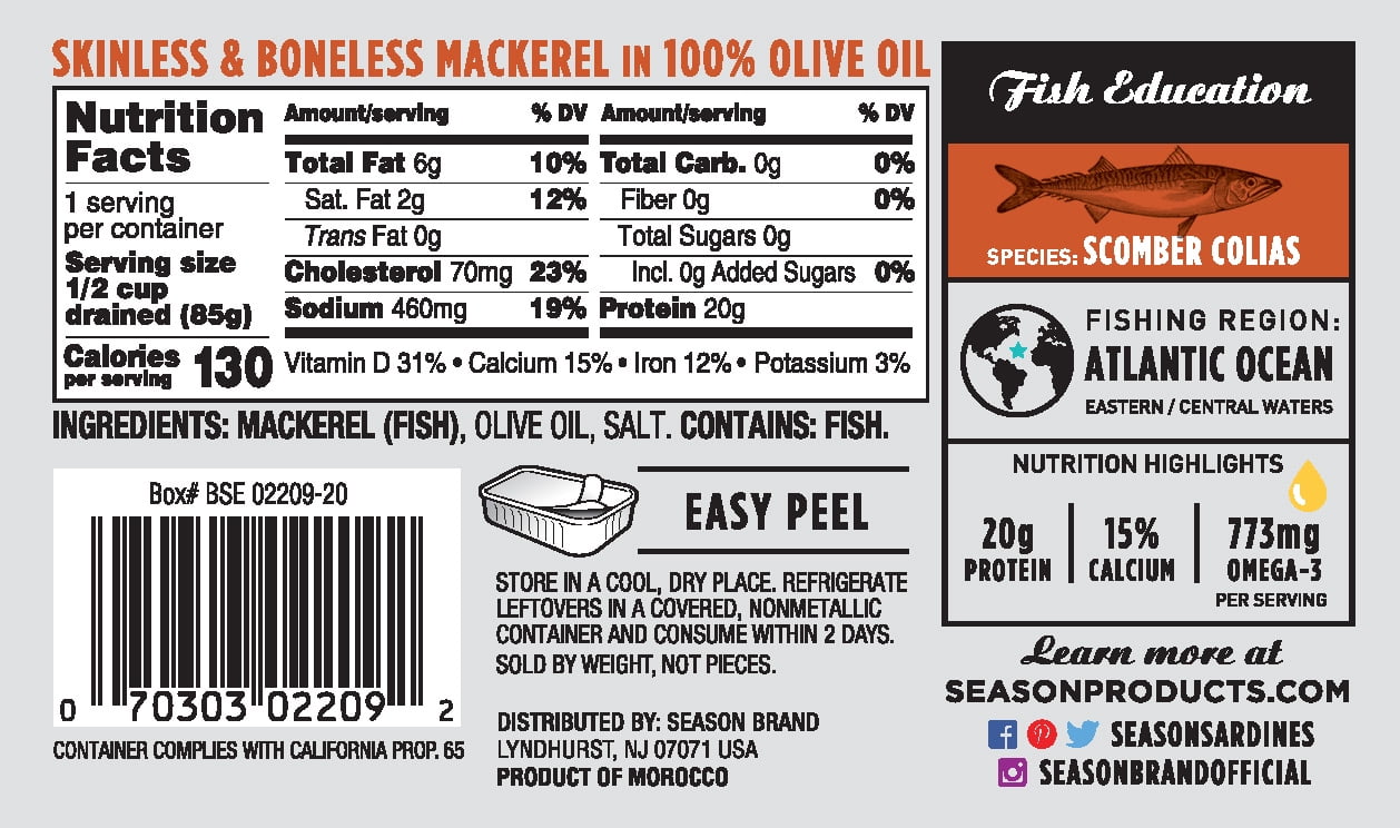 (12 Pack) Season Brand Mackerels - Fillets - in Olive Oil - 4.37 oz