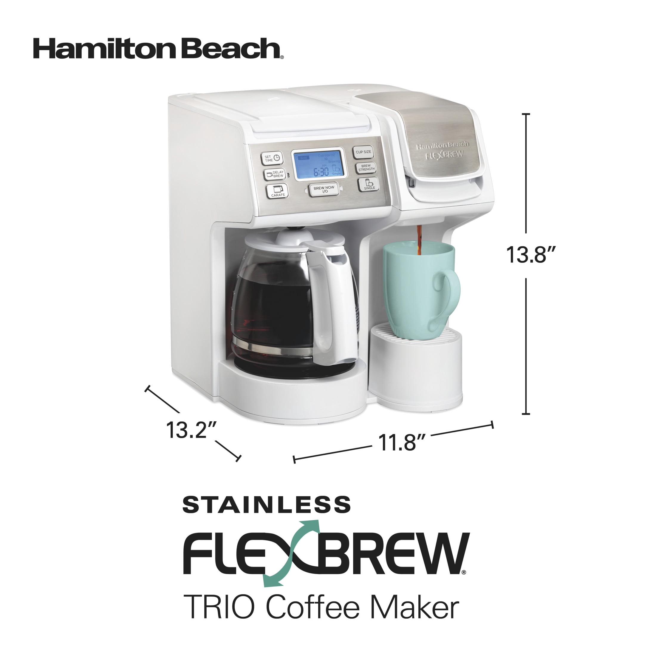 Hamilton Beach FlexBrew Coffee Maker, K Cup Pod Compatible Single Serve Coffee Maker & 12-Cup Coffee Pot, White
