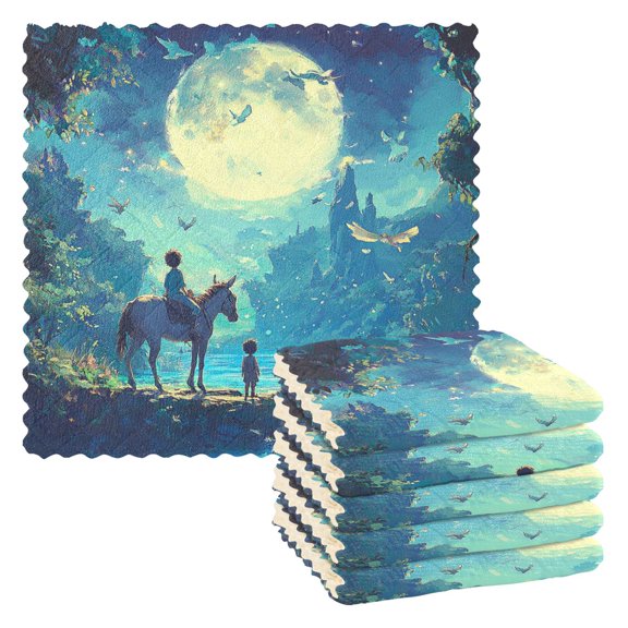 6 Pieces Thickened Double Polyester Fleece Kitchen Towel - 28x28cm Strongly Absorb Water & Oil Stain Removal,A Boy under The Moonlight