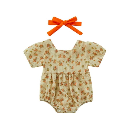 

jaweiw Baby Girls Summer Romper Hairband Set Flower Print Square Neck Short Sleeve Bodysuit+ Solid Color Headband Size 0 6 12 18 24 Months