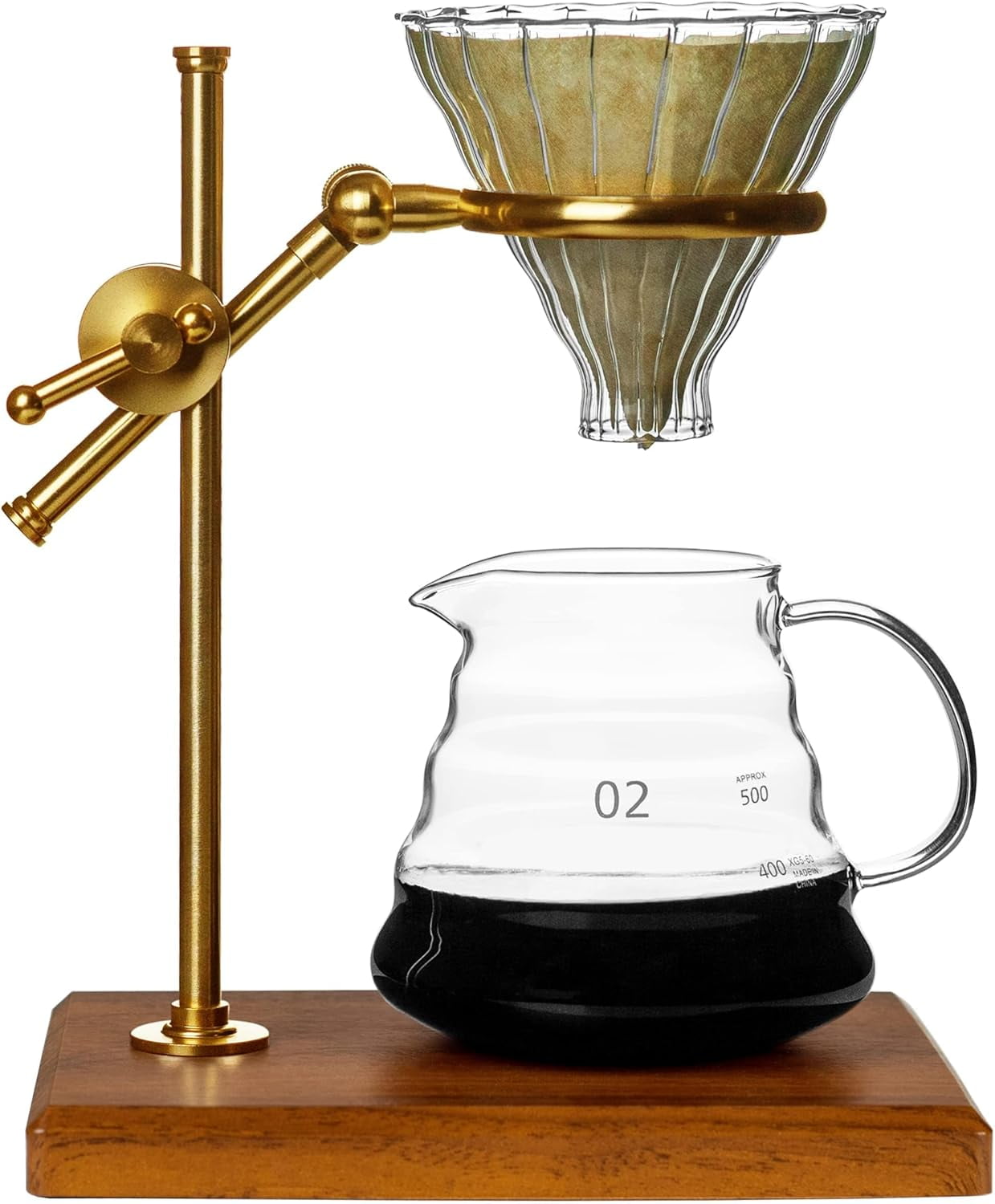 L'ÉPICÉA Pour over Coffee Maker Set,Stainless Steel Stand&Wooden Base, Glass Coffee Filters Cup