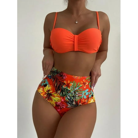 Floral Push Up Bikini Bandeau Swimsuit Women 2024 Swimwear Female High Waisted Bikinis Set Sexy Swim for Woman Wear Bathing Suit