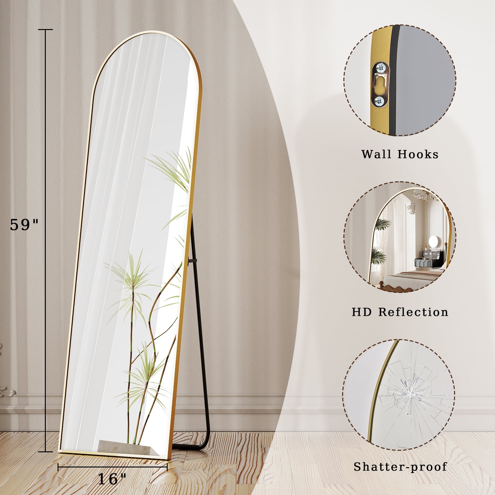 BEAUTYPEAK 59"x 16" Full Length Mirror Arched Standing Floor Mirror Full Body Mirror,Gold