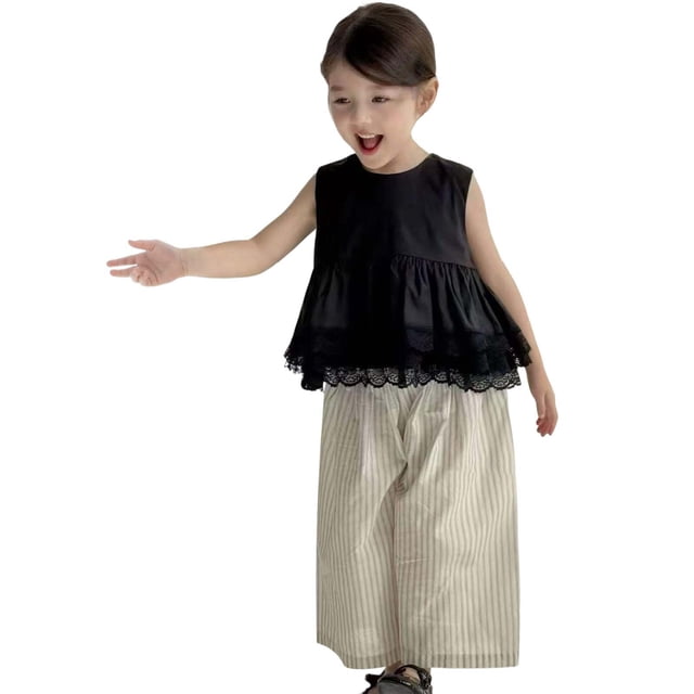 Zpanxa Ensembles d'Été pour Filles Noir Sans Manches en Dentelle Col Rond Haut et Pantalon Long à Rayures Ensemble 2 Pcs 7 Ans
