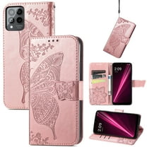 Allytech T-Mobile REVVL 6 Pro 5G Flip Wallet Case, Luxury PU Leather [Butterfly & Flower Embossed] Magnetic Clasp Stand Case Built-in Card Slots & Cash Pocket, Shockproof Wrist Strap Case, Rosegold