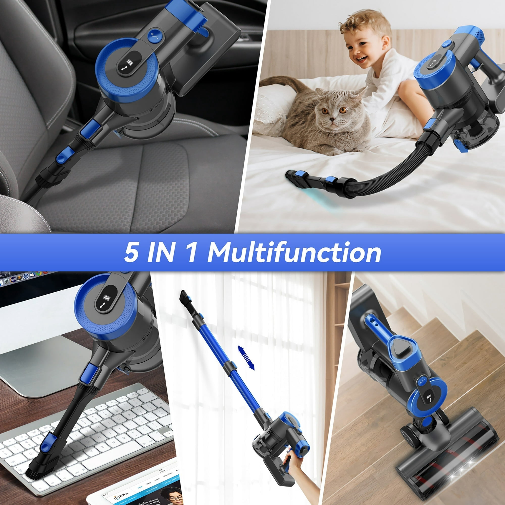 Cordless Vacuum Cleaner, 350W 30Kpa 45 Mins Runtime Powerful Stick Vacuum, 6 in 1 Handheld Vacuum for Home Pet Hair Carpet Hard Floor V90 (Blue)
