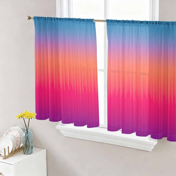 Blue Purple Orange Sheer Curtains 45 Inch Length 2 Panels Set, Modern Ombre Abstract Art Voile Window Treatment Rod Pocket Small Kitchen Curtains Drapes for Bedroom 52"x45"x2
