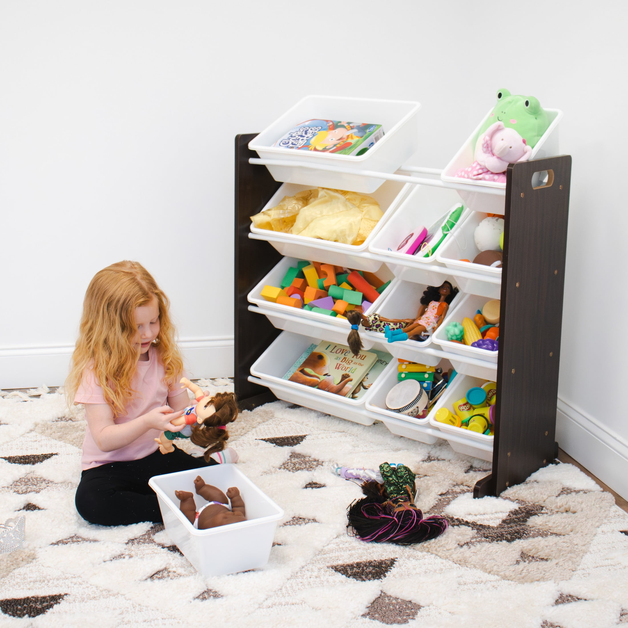 Humble Crew Espresso Toy Storage Organizer with 12 Plastic Storage Bins, Espresso/White