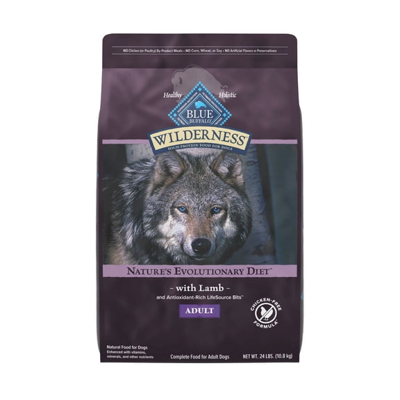 Blue Buffalo Wilderness Lamb Chicken-Free Formula 38 g Protein Meat Rich Natural Adult Dry Dog Food 24 lbs.