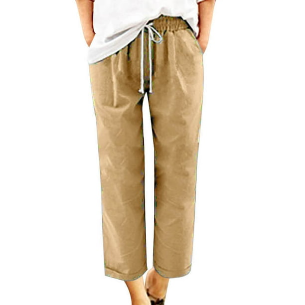 Womens Cotton Linen Capri Pants High Waisted Drawstring Plus Size